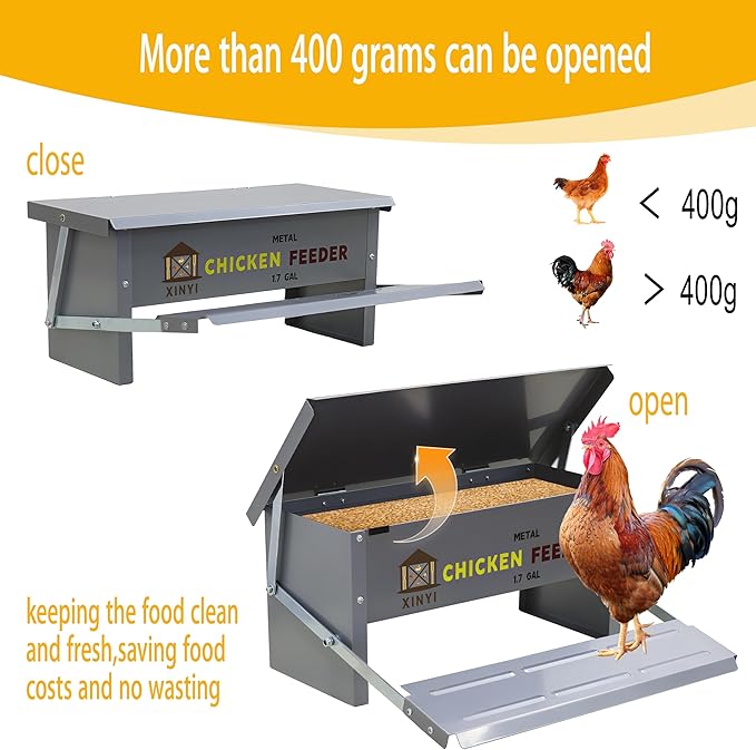 XINYI Chicken Treadle Feeder,12 Lbs Metal Treadle Feeder, No Waste & Rodent Proof Chicken Feeder with Weatherproof Lid, Suitable for Bantams, Poultry, Pheasants - 1.7Gallon Capacity