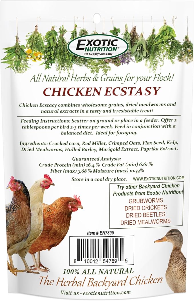 Chicken Ecstasy (10 oz.) - Healthy All-Natural Backyard Chicken Feed - Natural Grains, Dried Mealworms & Natural Extracts - Promotes Healthy Chickens & Eggs