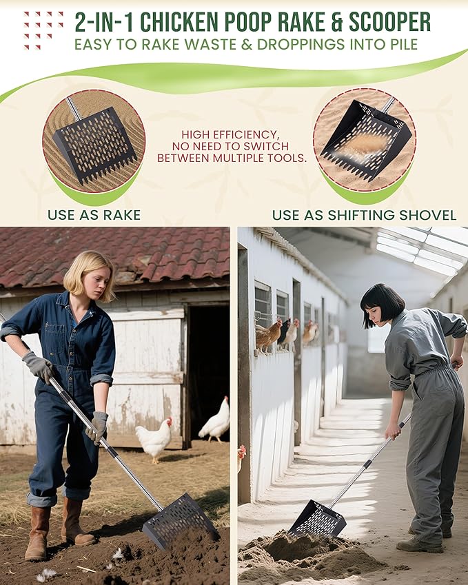 2-in-1 Chicken Poop Scooper & Rake –10” Wide Metal Sifting Shovel with Fine Mesh Slots, Chicken Pooper Scooper for Sand with Adjustable 39–67” Stainless Steel Handle, Animal Waste & Coop Cleaning Tool