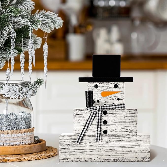 Geelin 4 Pcs Snowman Decor Winter Table Decorations Christmas Tiered Tray Decor Winter Centerpiece Decorations Indoor Rustic Wooden Snowman Block Sign Gift for Home Table Kitchen Shelf