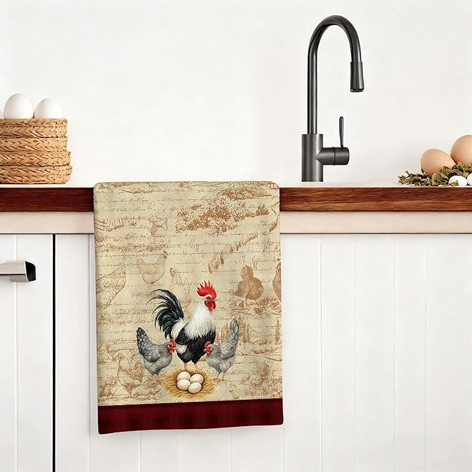 Chicken & Rooster Kitchen Towels Retro Farmhouse Dish Towels Set of 4, Absorbent Vintage Rustic Hand & Tea Towel, Rooster Kitchen Decor, Chicken Gifts for Women