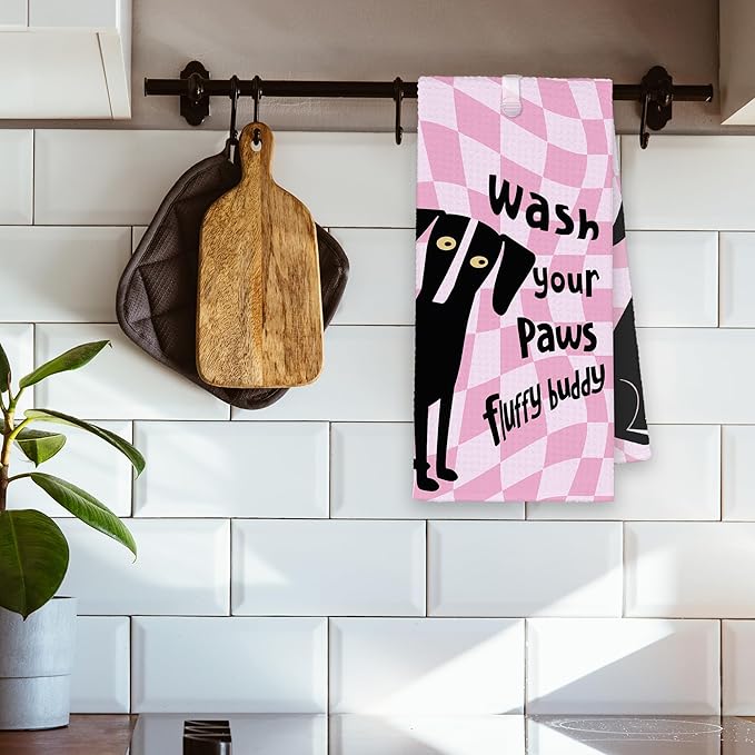 Pink Cute Dog Bathroom Kitchen Towels, Wash Your Paws Hand Towel for Bathroom, Funny Puppy Gifts for Dog Lovers, Trendy Preppy Checkered Dish Towels Decor for Dorm Girly Room 16x24in
