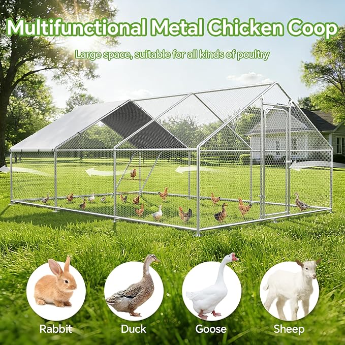 Large Metal Chicken Coop Run with Roosting Perch, Outdoor Waterproof & UV-Resistant Cover for Chickens, Ducks, Rabbits, and Hens in Yard or Farm Use Spire Roof (13.1'Wx19.7'Lx 6.5'H)