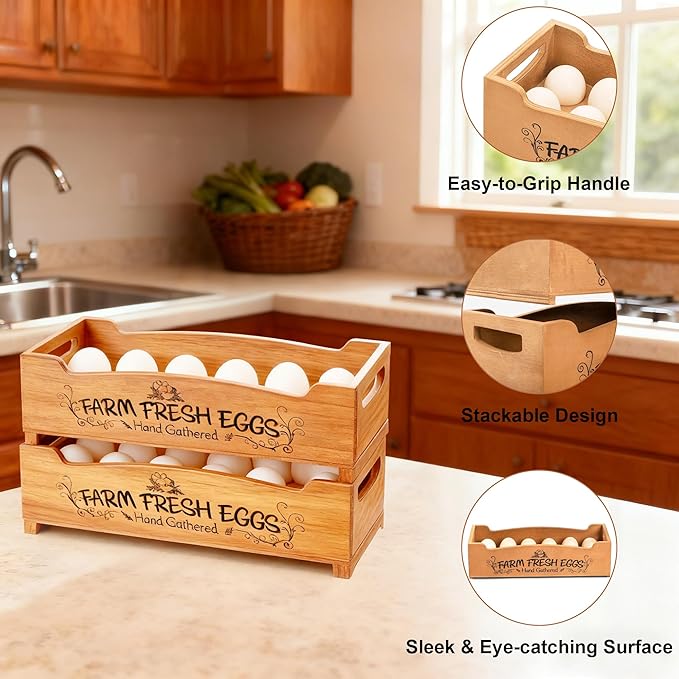 Wooden Farm Fresh Egg Holder Set of 2, Stackable Egg Trays with 12 Slots (24 Total), Brown Countertop Organizer for Fresh Eggs, 2-Tier Kitchen Counter Storage Eggs Crate