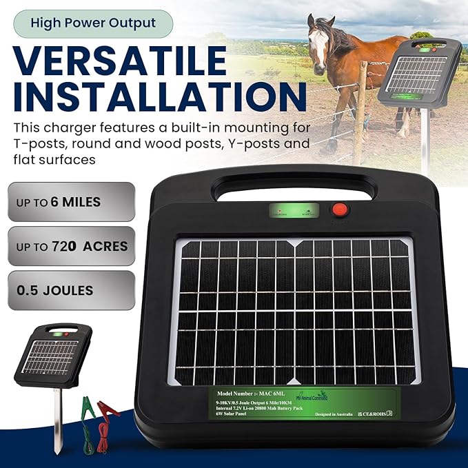 Solar Powered Electric Fence Charger 0.5 Joules Output (9-10KV) with Lithium Battery Energizer Containment & Protection of Livestock Horses Cattle Sheep Pets Easy Install