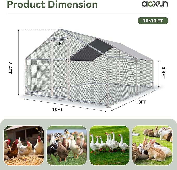 Aoxun Metal Chicken Coop, Outdoor Chicken Runs for Yard with Cover, Spire Roof Hen House Enclosure with Security Lock, Walk-in Cage Peak Hen House for Yard Farm (10x13x6.4 FT)