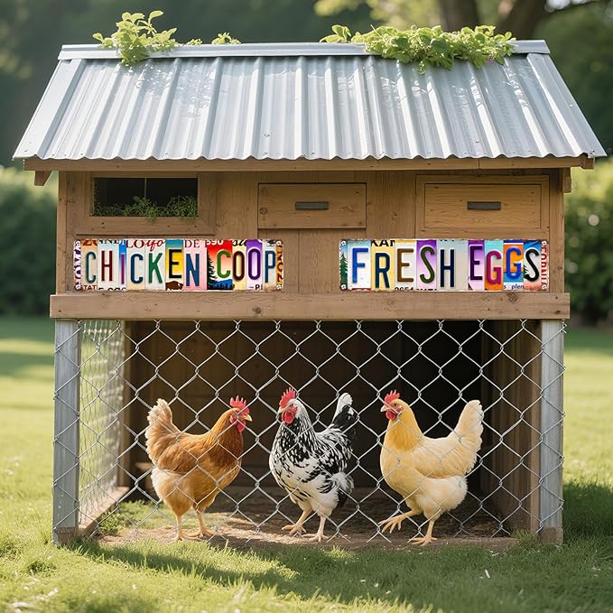 2Pcs Funny Chicken Coop Signs Chickens Sign Decor 4×16 Inch, Metal Tin Sign, Chickens Coops Accessories Garden Signs, Chicken Lovers Gift Easter Decorations Outdoor Wall Decor for Farm Yard