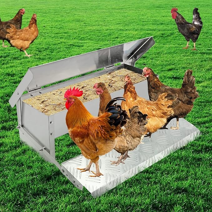 Automatic Chicken Feeder Treadle Large Poultry Feeders No Waste Stainless Steel Rat Proof Chicken Feeder Trough with Weatherproof Lid Treadle Chicken Feeder Self-Opening for Duck Fowl