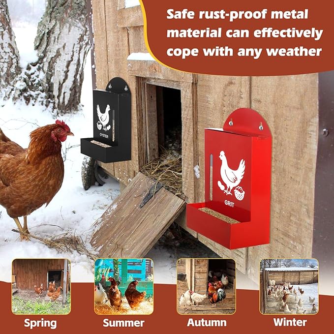 2 Pack Chicken Grit and Oyster Shell Feeder, Metal Oyster Shell Feeder with Visual Window and Lid, Hanging Gravity Chicken Grit Feeder, Chicken Coop Accessories for Healthier Hens and Eggs