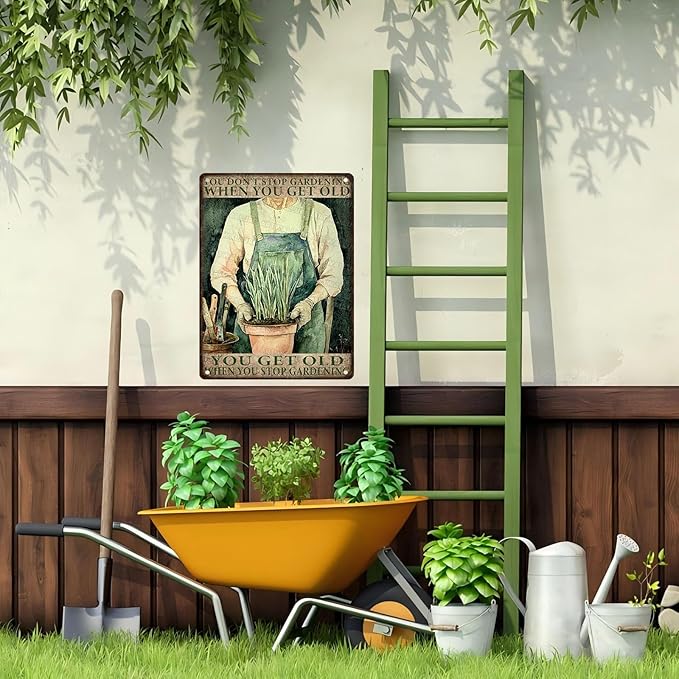 ARTWALLURE Vintage Gardening Tin Sign Metal Wall Decor Rustic Farmhouse Theme You Get Old When Stop Gardening Saying 12x16inch