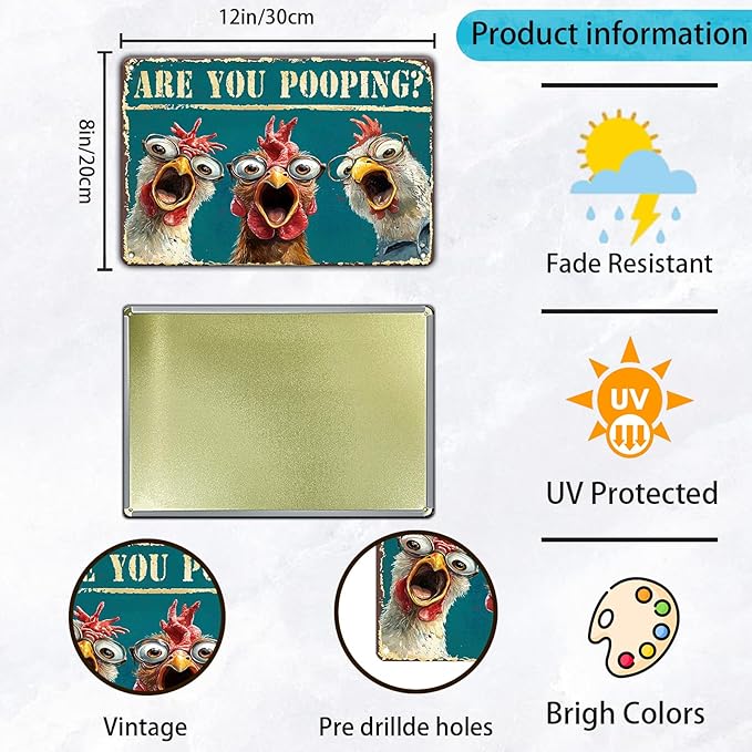 Chicken Metal Signs Funny Are You Pooping Chicken Wall Decor For Home Toilet Art Humorous Bathroom 12x8 Inch