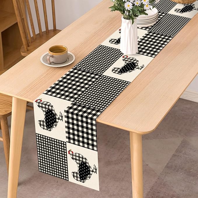 Seliem Farm Animal Chicken Hen Black White Buffalo Plaid Check Table Runner, Farmhouse Chick Home Kitchen Holiday Spring Summer Decor, Easter Rustic Burlap Dining Decoration Party Supply 13x108