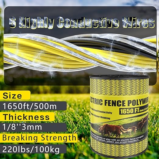 Upgrade Electric Fence Polywire 1650FT,500 Meters, 6 Stainless Steel Strands for Reliable Conductivity, Portable Electric Fencing, UV Resistant, Rust Resistant, Highly Conductive, Easy to Install
