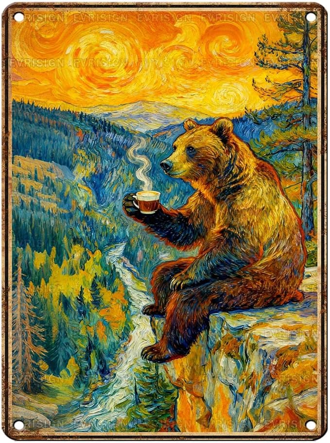Vintage Bear Tin Sign Morning Brew in the Wild Retro Metal Sign Funny Nostalgic Wall Decor Decorations for Home Office Cafe Shop Kitchen Bar Living Room Man cave 16 * 12In