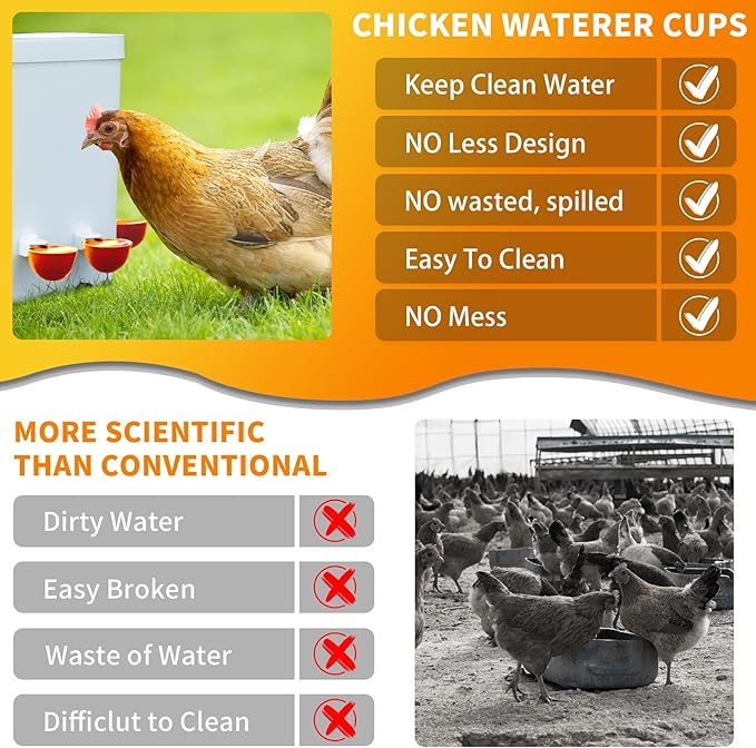 Chicken Water Cups 12 Pack, Automatic Filling Waterer Feeder Bowl, Gravity Poultry Watering System, Chicken Water Dispenser, Chicken Coop Accessories for Hens, Duck, Goose, Turkey (Orange)