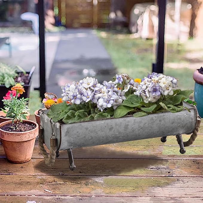 SOFE Poultry Feeder Galvanized Metal Chicken Feeder Set of 2, Farmhouse Chicken Picnic Table Feeder, Chicken Planter, Decorative Galvanized Tray Trough Shaped, 15 and 13 Inches Long