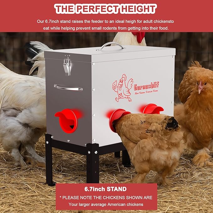 Automatic Chicken Feeder, 40 Lb Capacity 6 Port Large Metal Chicken Feeders, No Waste Poultry Feeder with Locking Lid & Legs, Chicken Feeder for Inside Outdoor Chicken Coops