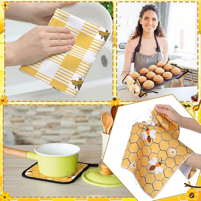 10 Pcs Bee Themed Kitchen Decor Set Dish Towels Kitchen Rugs Oven Mitts and Pot Holders for Cooking Baking Grilling Women Mom Gift