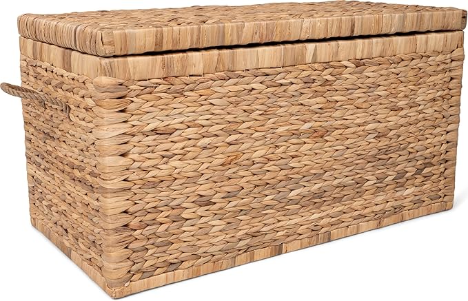 ClickDecor Storage Trunk, Farmhouse Style, Extra Large (33”), Deep, Woven Wicker Chest With Metal Frame, 2 Handles, Flip Top Lid and Stay Open Safety Hinges, Sustainable Eco Material, Natural Wicker
