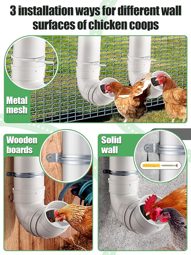2 Set Automatic Chicken Feeder No Waste - 13 Pounds Large Capacity Heavy Duty PVC Pipe Hanging Chicken Feeder, Poultry Gravity Feed Port for Chicken Long Feeding