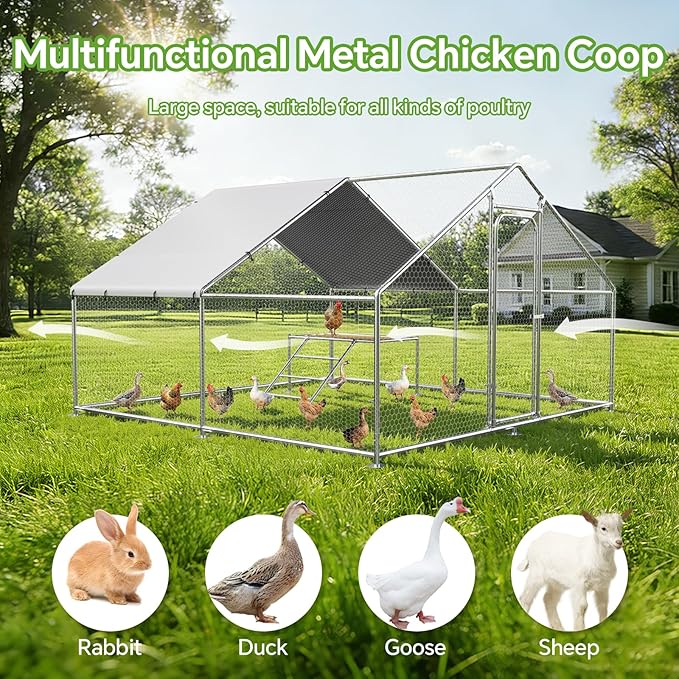Large Metal Chicken Coop with Roosting Ladder, Waterproof and UV-Resistant Cover,Outdoor Chicken Run for Yard Farm Rabbit Duck, Spire Roof