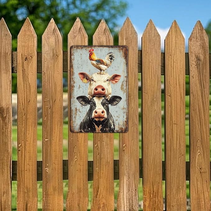 Vintage A Pig Cow Chicken Metal Sign Rustic Home Kitchen Coffee Garden Farmhouse Chicken Coop Wall Decor Ruster Tin Poster 12x8 Inch