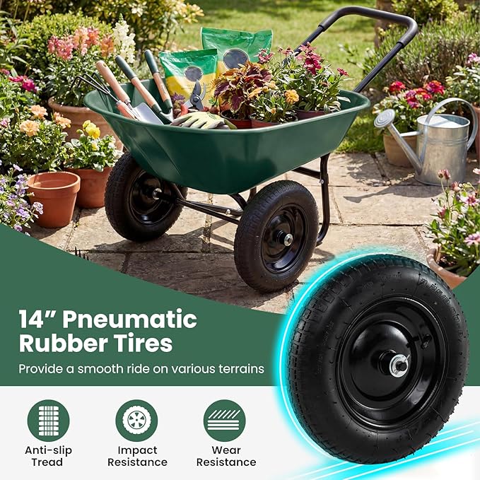 IRONMAX Dual-Wheel Wheelbarrow, Heavy Duty Wheel Barrel with All-Terrain Wheels, 330 LBS Utility Yard Cart with Built-in Stand, Outdoor Gardening Carts for Lawn, Farm, Planting (Dark Green)
