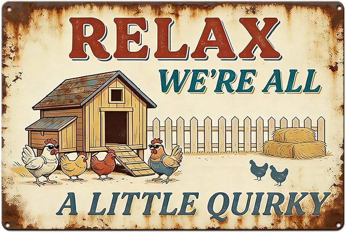 Funny Chicken Metal Sign Outdoor, Aluminum Farmhouse Wall Decor for Coop Door or Yard Area, Fluffy Humor Country Living Style, Rustic 8x12 Inch Gift