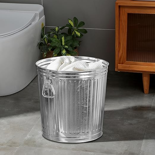 Gardenised Round Galvanized Steel, 12 Gallon Trash Can with Lid - Durable Metal Bucket for Backyard, Lawn, Garden and Yard Use - Weather-Resistant Garbage Can for Indoor and Outdoor, 16-inch