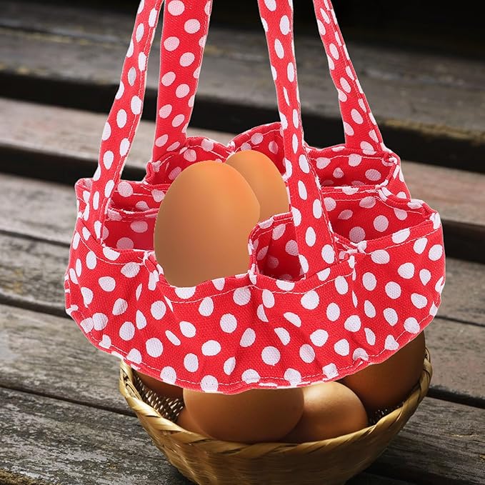Cabilock Egg Collecting Basket with 9 Pockets Red Polka Dot Fabric Egg Gathering Pouch for Chicken Duck for Home and Garden Use