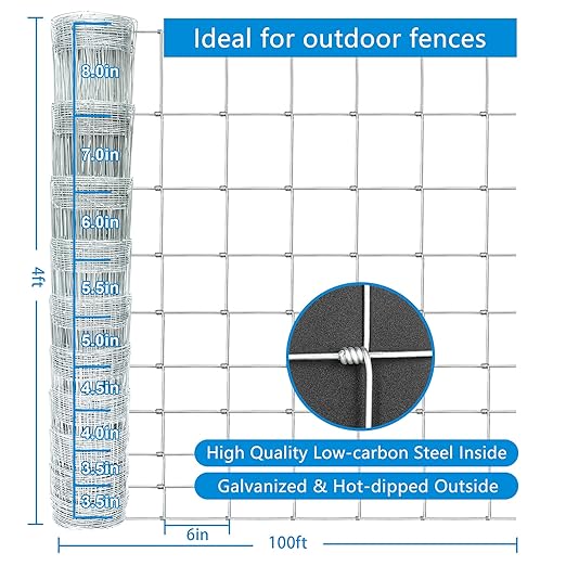 Farm Fence 4ft x 100ft Heavy Zinc Coating Cattle Fence,Galvanized Field Wire Fencing Deer Goat Hog Wire Fencing for Yard Livestock & Animals Protection