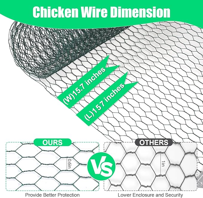 Chicken Wire, Chicken Wire Fencing for Floral Arrangements,15.7 x 157 Inches Chicken Wire mesh,0.6 Inch Green Mesh Hexagonal Galvanized Metal Poultry Wire Netting for Crafts,Poultry,Garden