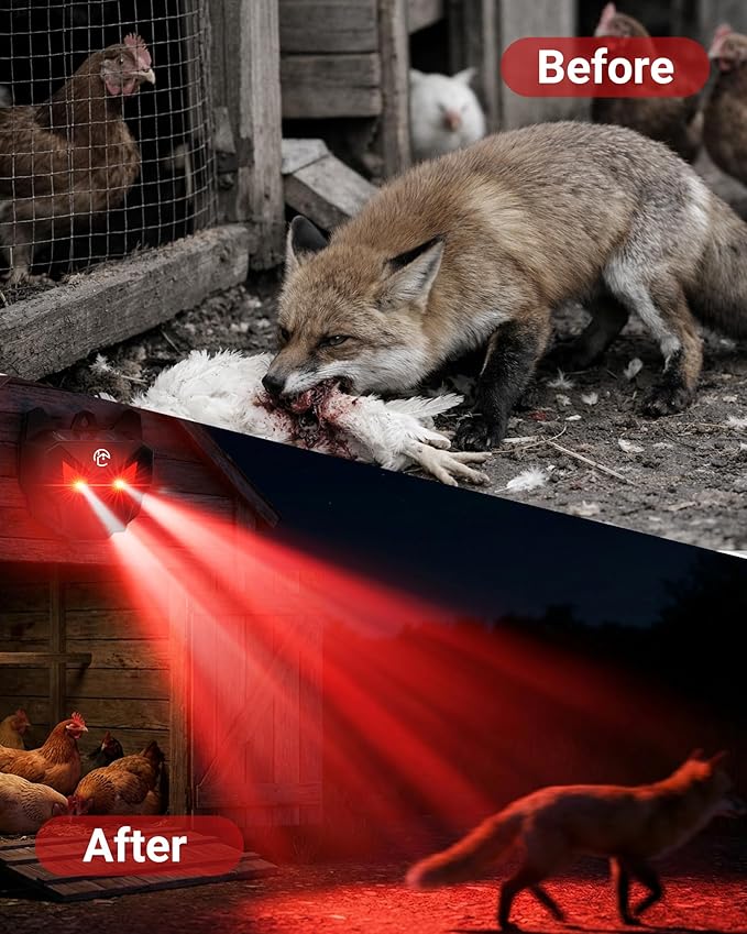 Solar Coyote Deterrent Predator Lights - Nocturnal Animal Repeller with Red LED Flashing Lights for Chicken Coop, Yard & Garden Protection Against Raccoons, Foxes, Deer, Skunks, Hawks