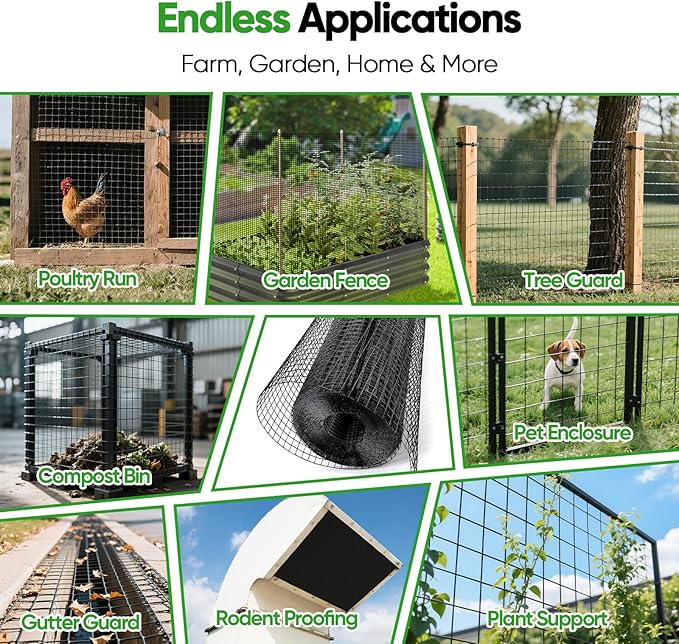 Black Hardware Cloth 48in x 100ft – 19 Gauge Vinyl Coated Steel Wire Mesh Roll, 1" Square Welded Fence for Chicken Coop, Garden Barrier, Animal Control, Outdoor Pet Enclosure, Rodent Proofing