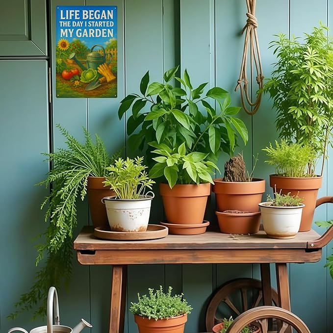 Funny Garden Signs Decorative Outdoor, “Life Began the Day I Started My Garden”Signs for Outside – Vintage Metal Yard Decor for Fence, Greenhouse – Cool Gardner Gifts for Gardening Lovers -8x12 Inch