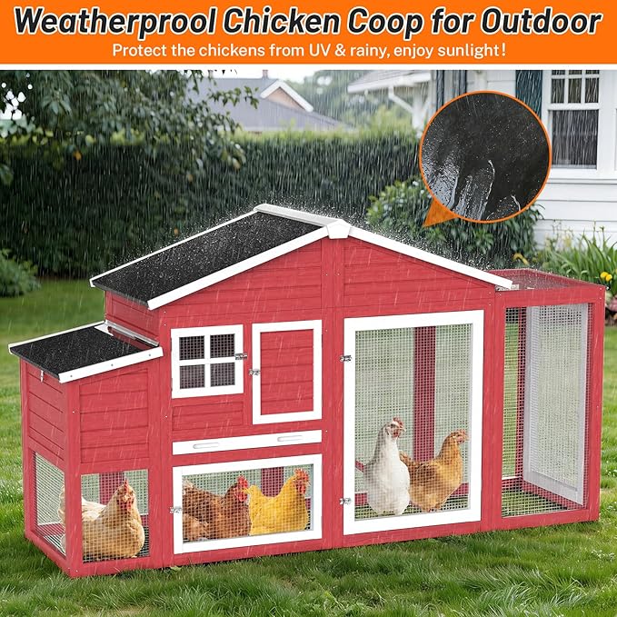 84.7''L Chicken Coop, Large Poultry Cage for 4-6 Chickens, Outdoor Hen House Design with Nesting Box, Weatherproof Roof and Leakproof Pull-on Tray, Easy to Install＆Clean(Red)