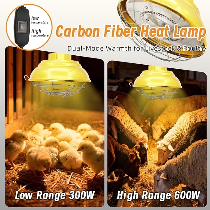 Chicken Heat Lamp 600W Carbon Fiber Tube Brooder Heater Lamp Hanging Chicken Heat Bulb Dual Temperature Adjustable (300/600W) for Chicks,Ducks,Dog Kennel,Cat House