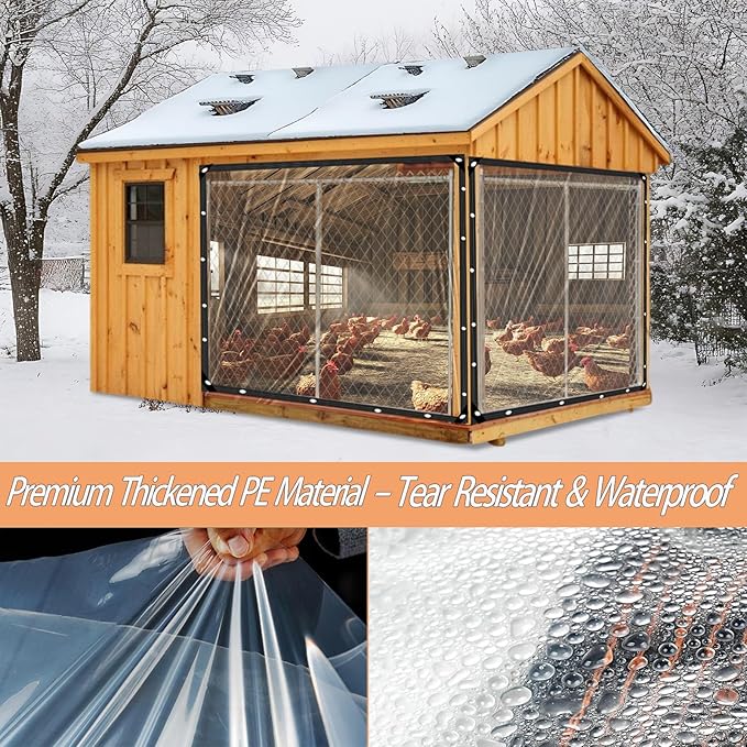 6.5 x 13.1 FT Chicken Coop Cover for Winter, Waterproof & Anti-Tear Chicken Coop Insulation with Rope, Chicken Run Sidewalls, Windproof Clear Chicken Coop Tarp for Chicken Run