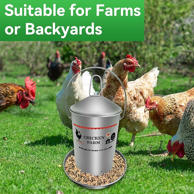 6.6 Lb Stainless Steel Poultry Feeder, Automatic Chicken Feeder No Waste, Hanging Chicken Feeder Heavy Duty Reliable Long-Lasting with Handle, Top Filled