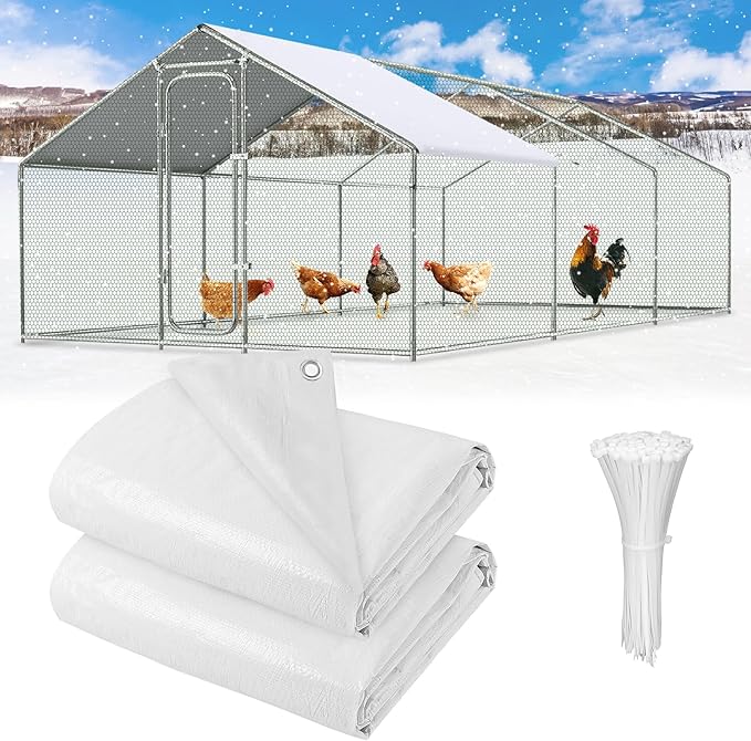UNIFAMILY 2pcs Chicken Coop Cover for Winter, 11.1x6.2 Ft White Chicken Coop Tarp Cover Waterproof, Chicken Run Tarp for Insulation Coop, Windproof Winterizing Covering for Poultry Cage