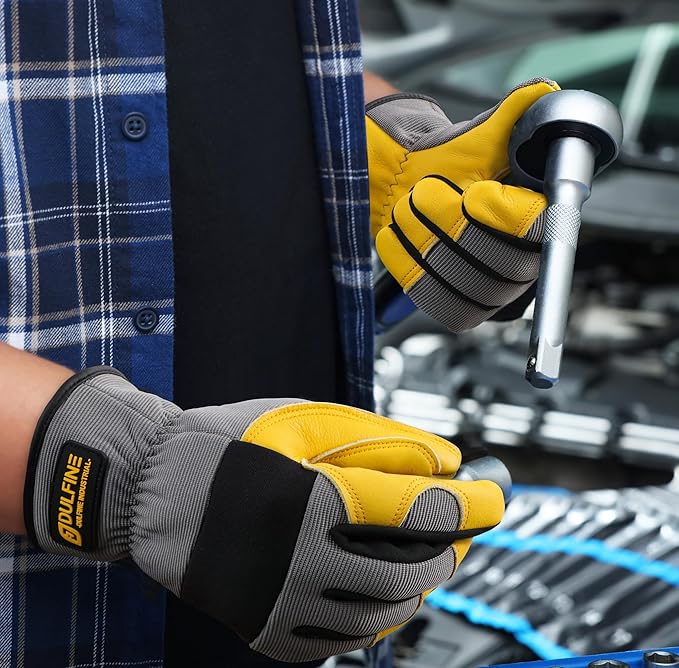 DULFINE Cowhide Leather Work Gloves for Men & Women, Reinforced Durable Gardening Gloves, Puncture & Cut Resistant