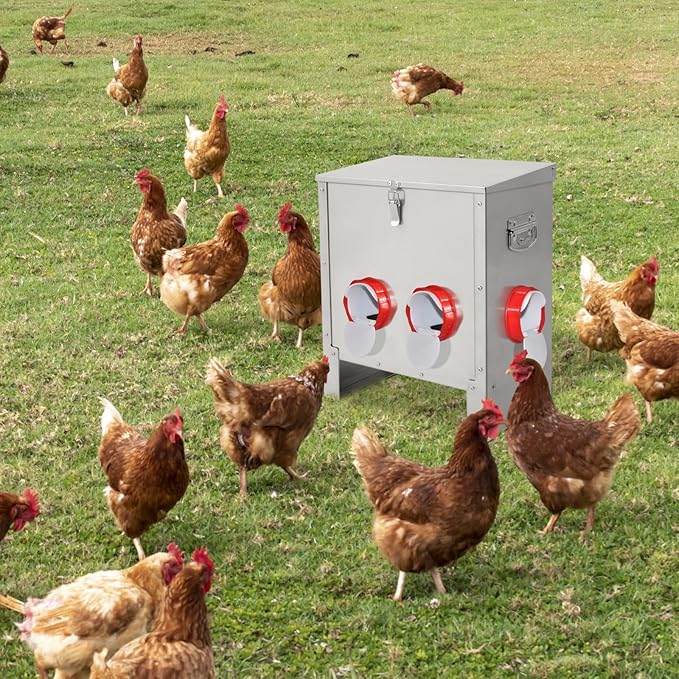 XKV Metal Automatic Chicken Feeder 30LBS with 6 Ports,No Feed Waste,All Seasons Support,Weather-Resistant and Animal-Proof,Suitable for Chicken,Geese,Ducks,Turkeys,Quails