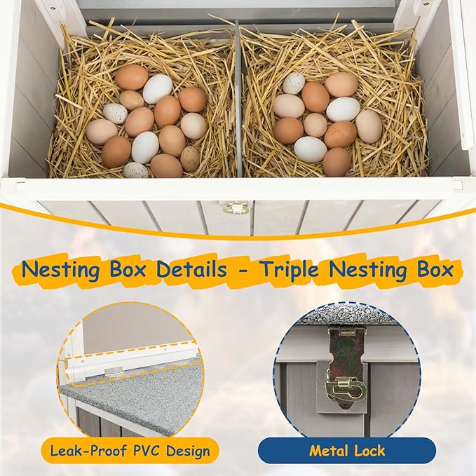 Wooden Chicken Coop with Wheels – Large Movable Outdoor Hen House with Waterproof Clear Sunlight Panel Roof, Nesting Box & Easy-Clean Tray – Spacious Backyard Poultry Tractor Grey