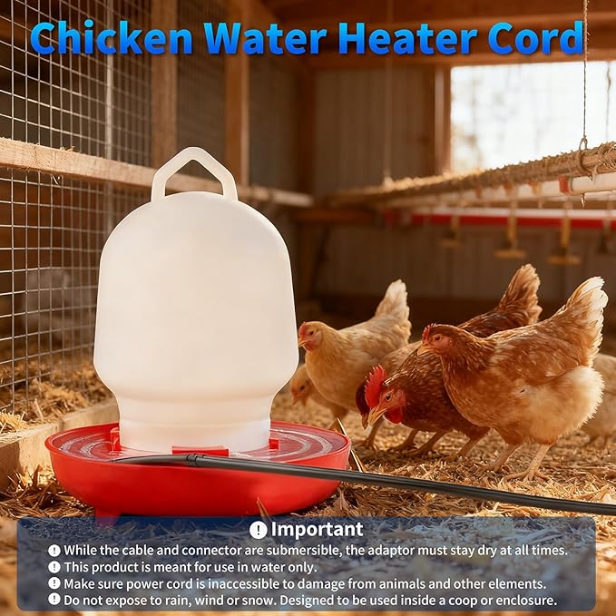 Heated Chicken Waterer Cord for Winter, 8.9ft Freeze Proof Poultry Water Heater, 40Watt Chickens Water Heater Cord, Prevents Water Freezing in Drinkers for Small Animals Rabbits, Ducks, Guinea Pigs