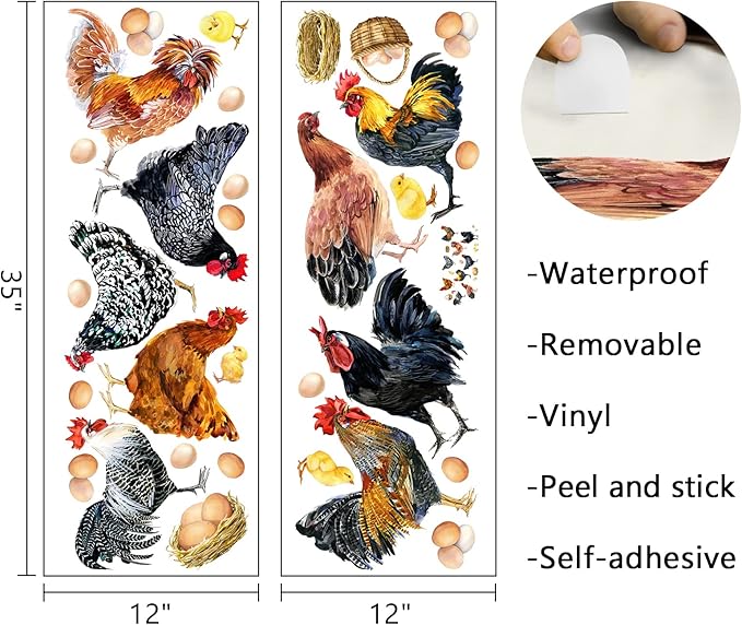 Mfault Farm Chicken Roosters Wall Decals Stickers, Farmhouse Dutch Bantam Rooster Cornish Hen Decorations Bedroom Art, Chicks Eggs Home Dining Room Kitchen Decor