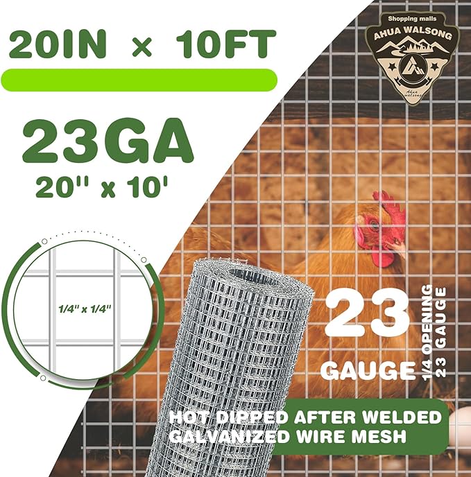 Hardware Cloth 1/4 Galvanized Wire Mesh Roll 20" x 10' (23 GA) - Chicken Wire Fence for Pens, Coops, Rabbit/Snake Fences, Poultry Enclosures, Crafting, and Screen Mesh
