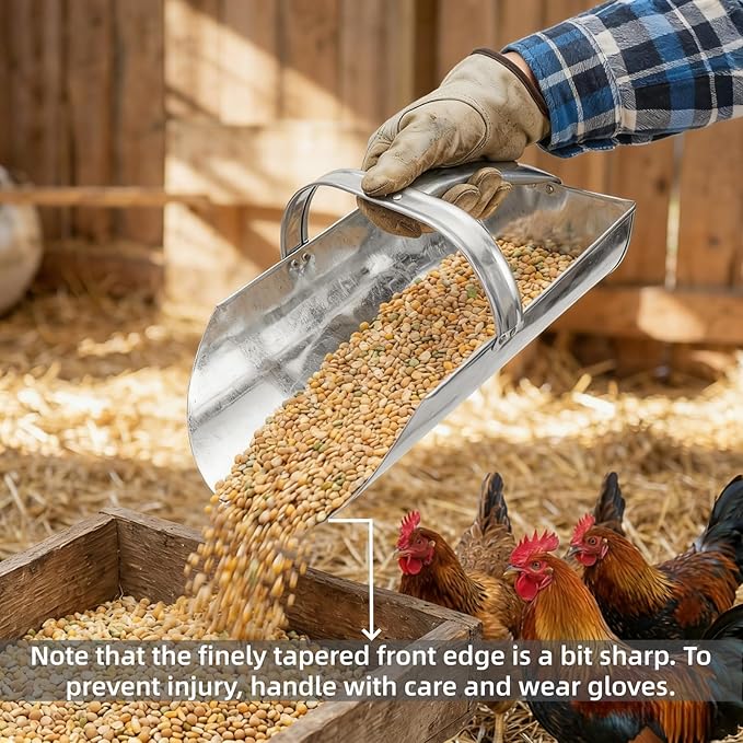 2 Pack Feed Scoop for Livestock, Metal Feed Grain Scoop, Heavy Duty Horse Feed Scoops with Encased Handle, Stackable Durable Poultry Feed Scoops for Chicken Bird Gardening Farm, 2.5 Qt and 4 Qt