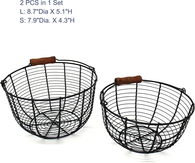 CVHOMEDECO. Metal Wire Egg Baskets Wire Fruit Baskets with Wooden Handle Country Vintage Style Storage Baskets. Matt Black, Set of 2. (Round)