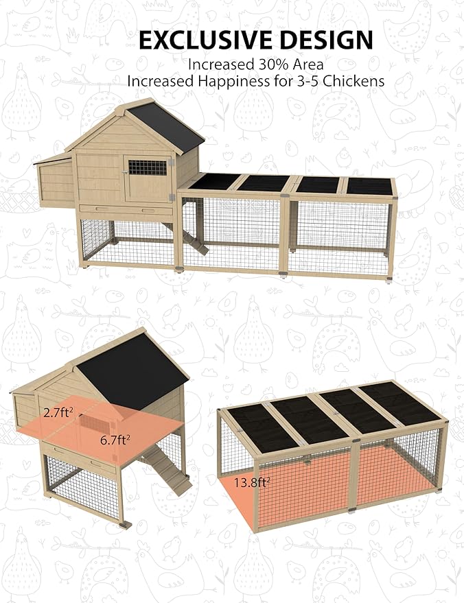 Wooden Poultry Cage for 3-5 Chickens, 109in Chicken Coop with Run, Outdoor Hen Coop with Waterproof Roof, Nesting Box, Pull Out Trays and Ramp, Wood Color
