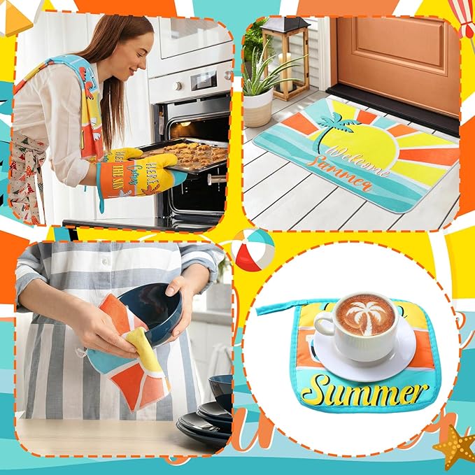 10 Pcs Hello Summer Kitchen Decor and Accessories Sunshine Beach Oven Mitts and Pot Holders Set Sunglass Dish Towels Boho Kitchen Decor Palm Gloves for Baking Cooking Grilling BBQ Women Gift